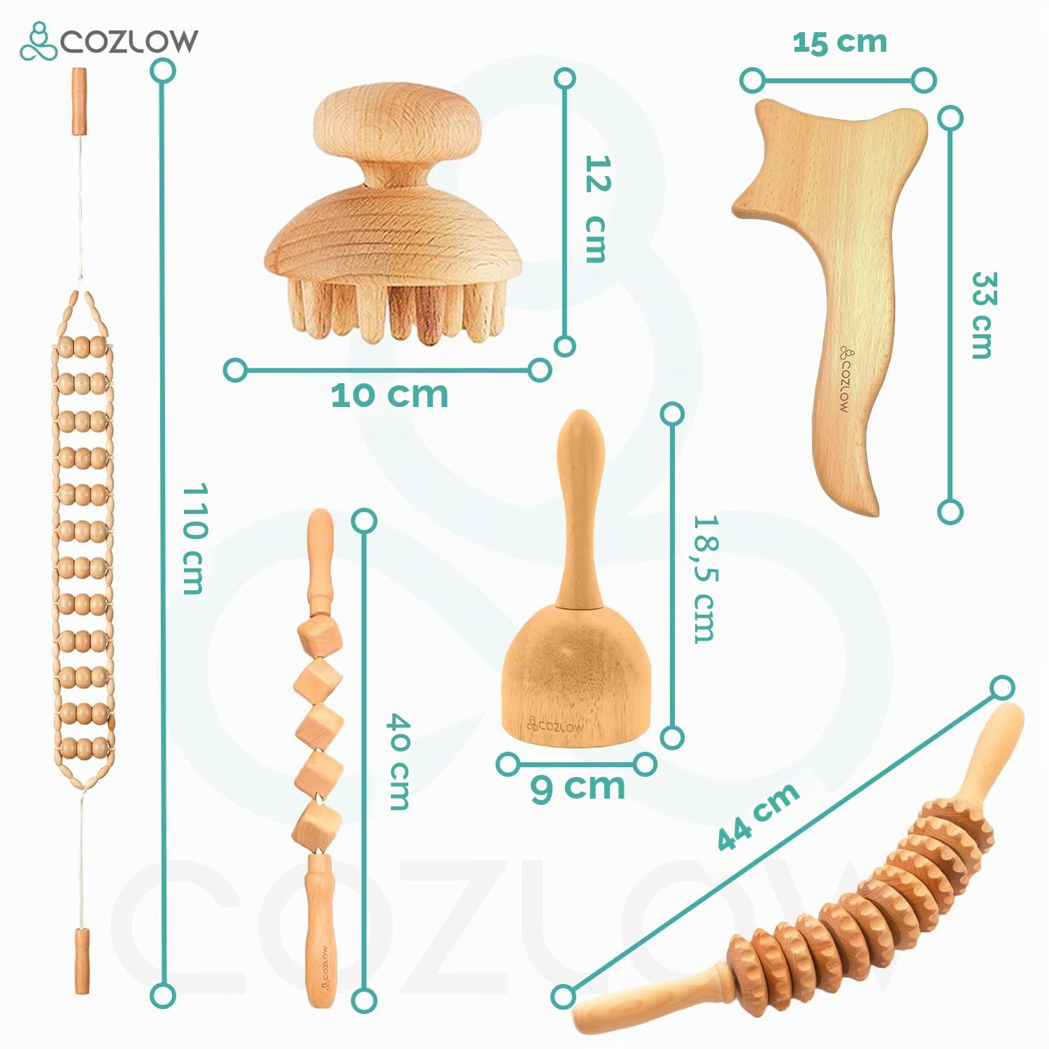 Outils de massage thérapeutique au bois 6 en 1 – Kit de maderoterapia professionnel pour la mise en forme et la sculpture du corps – Bâton de rouleau de massage pour drainage lymphatique – par Cozlow