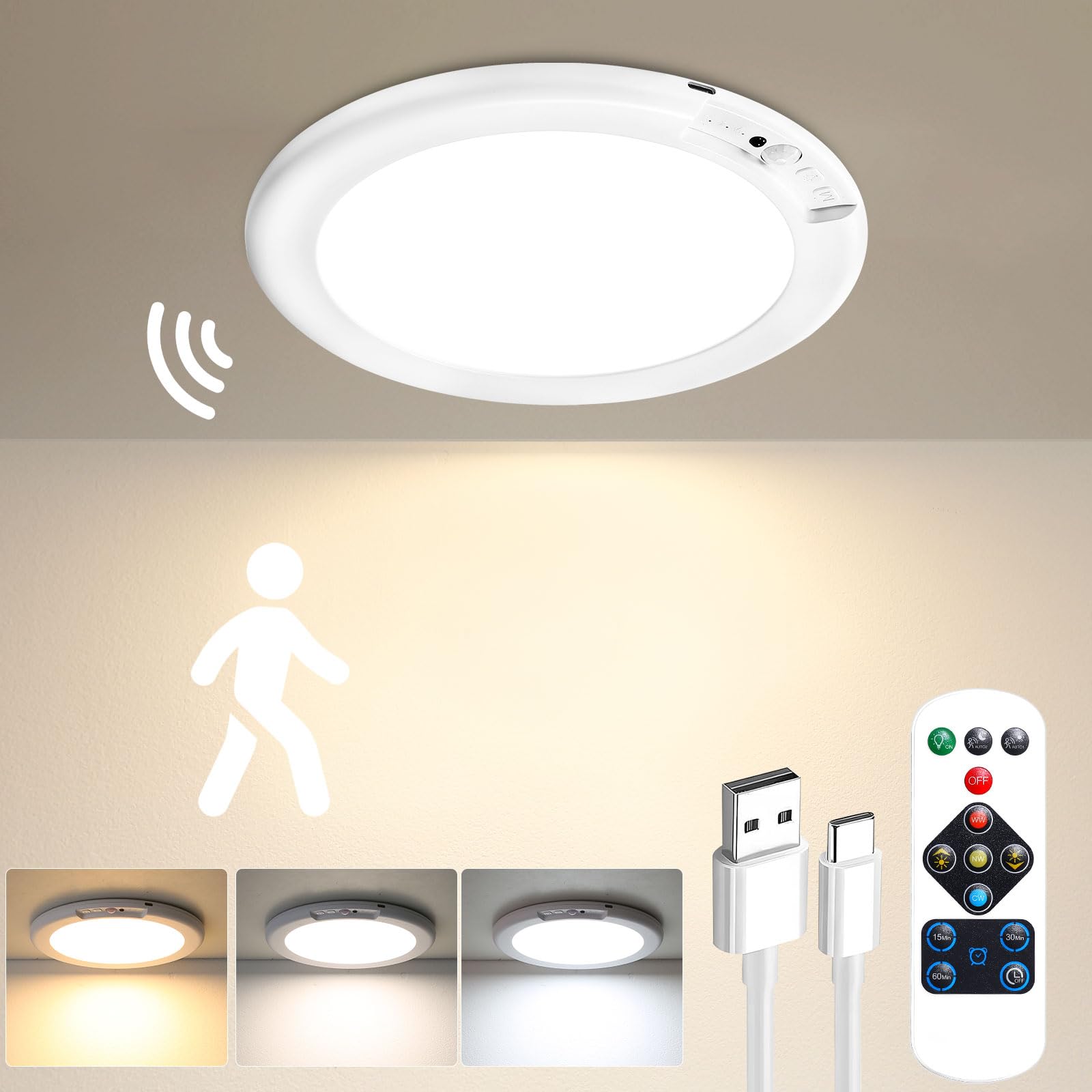 Gotopceed 2 Pack Rechargeable Motion Sensor Light with Remote - Magnetic Wireless Ceiling/Wall Lights, Battery Powered Pir Lights for Shed Loft Bathroom Garage cet