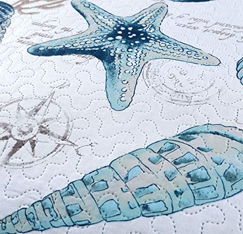 3-Piece Reversible Nautical Theme Bedspread Coverlet Queen(90x90 Inches),Blue-Green Seashells Coral Beach Bedding Sets,Lightweight Quilt Set Bed Cover,Coastal Bed Set for All Seasons(Cyan,Full/Queen) - Image 4