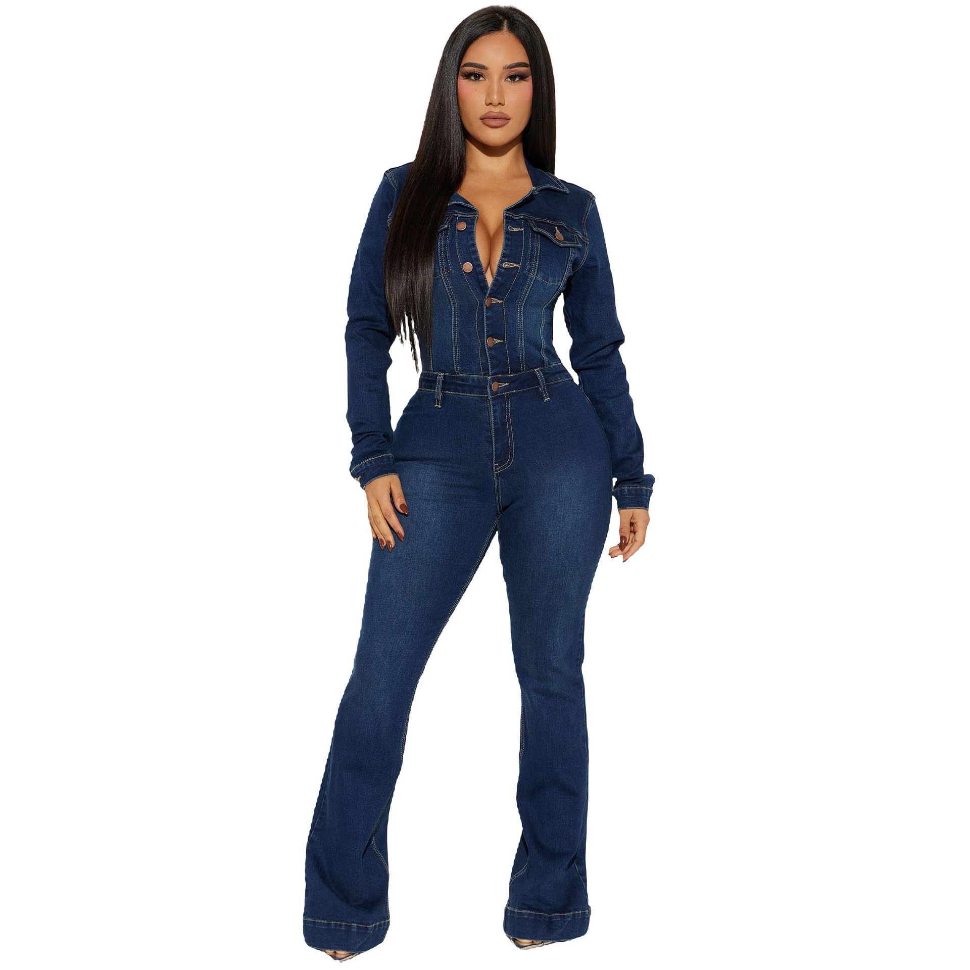 Tute Donne Jeans Tuta Intera Pantaloni Svasati