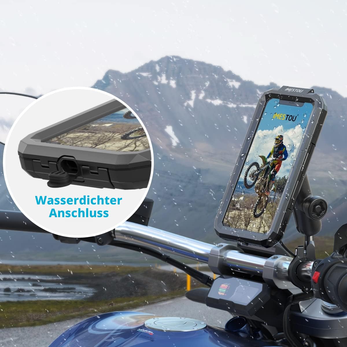 iMESTOU wasserdichte IP67 Motorrad Telefonhalterung, Fahrradhalterung mit 2,5 cm (1 Zoll) Doppelkugelsockel-Armen (S– für 3,5-6,1 Zoll Handys)