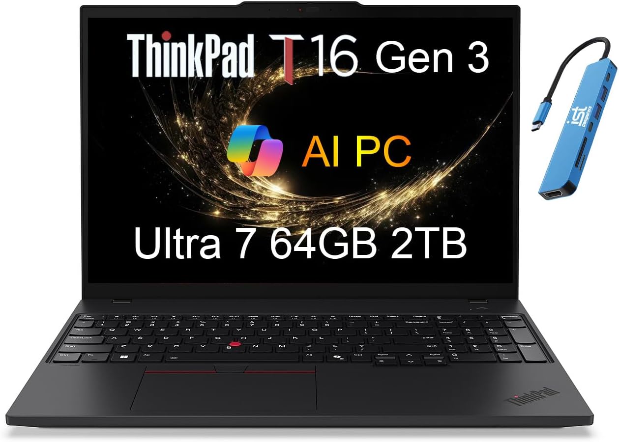 Lenovo ThinkPad T16 Gen 3 Business Laptop (16" FHD+, Intel 12-Core Ultra 7 155U (>i7-13700H), 64GB RAM, 2TB SSD), 5MP Webcam, Backlit, Fingerprint, Ethernet, Wi-Fi 6E, IST HUB, Win 11 Pro, 2025 AI PC