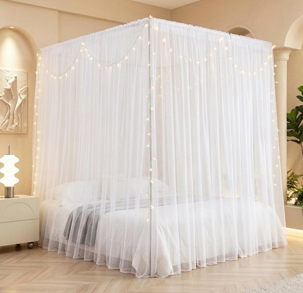 Akiky Set di tende da letto a baldacchino con stelle e tenda velata per letto king size, 8 pannelli per baldacchino (king size, bianco)