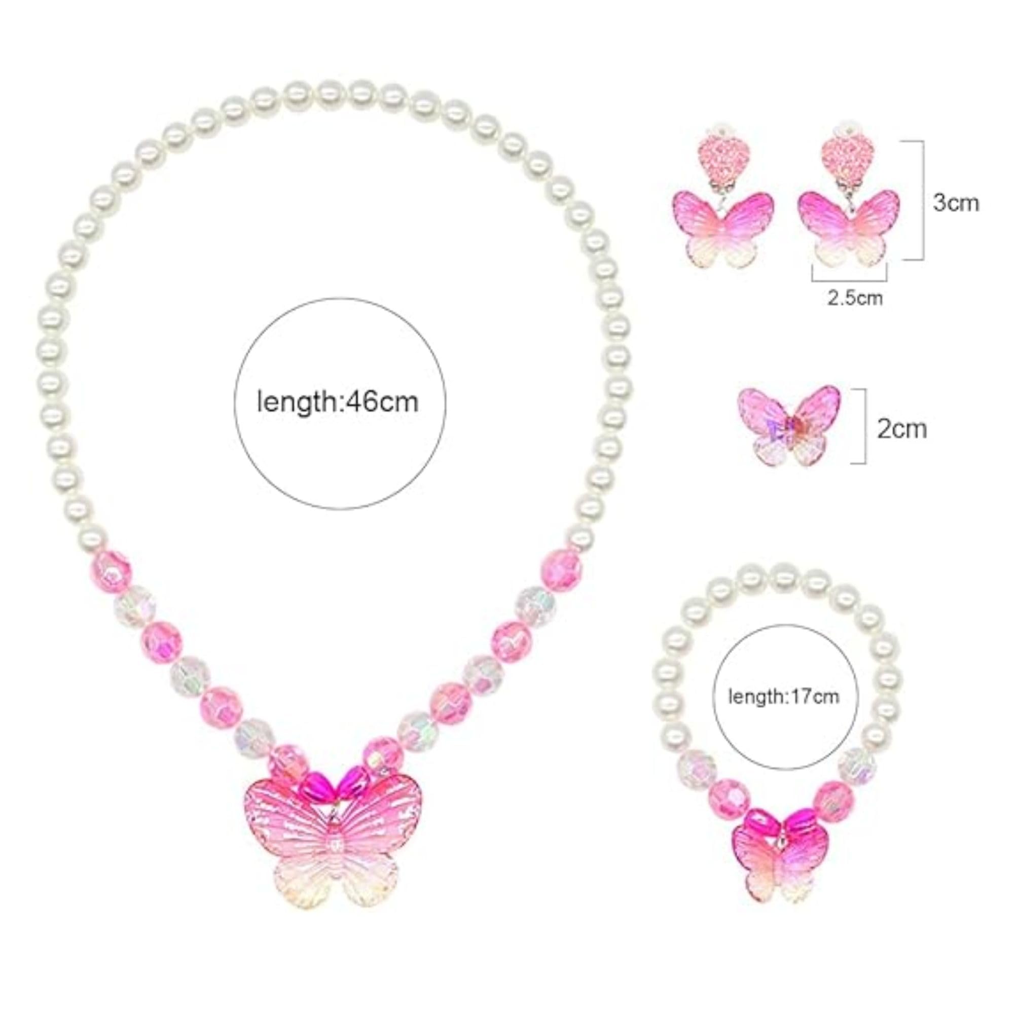 1-Pack Butterfly Jewellery Kit for Girls – Princess Dress-Up Set with Assorted Pearl Bead Necklace, Bracelet, Earrings & Ring – Kids Costume Accessories Gift 3