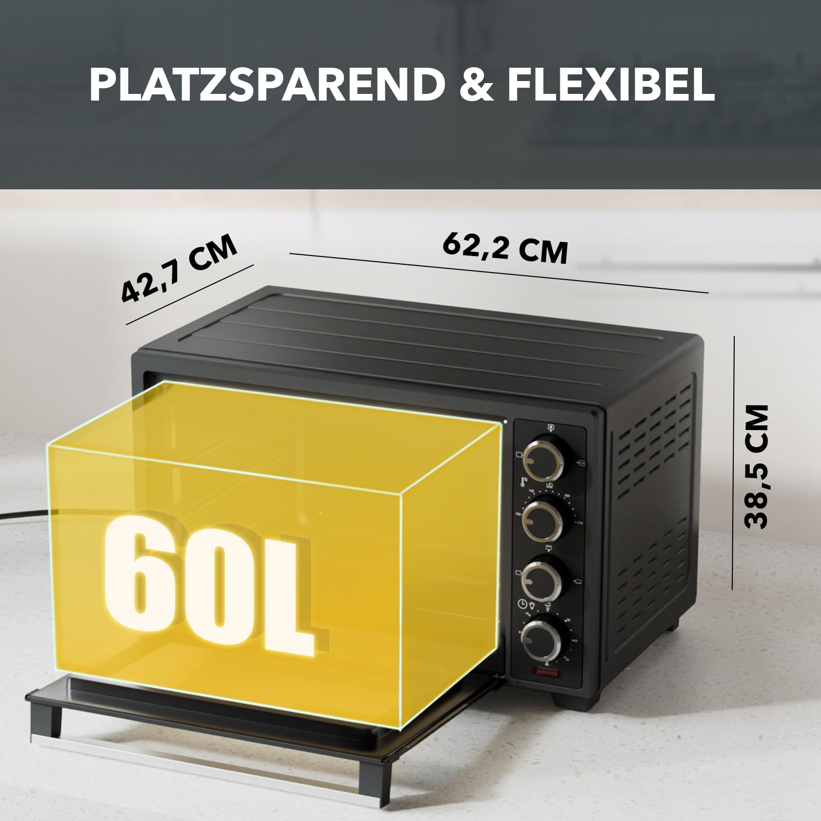 Heinrich´s Minibackofen mit Umluft 60L - Backofen klein mit Drehspieß, Airfryer-Einsatz inkl. Timer, Innenraumbeleuchtung, 100-230 °C, mit großem Sichtfenster, inkl. Zubehör, schwarz, 2000W