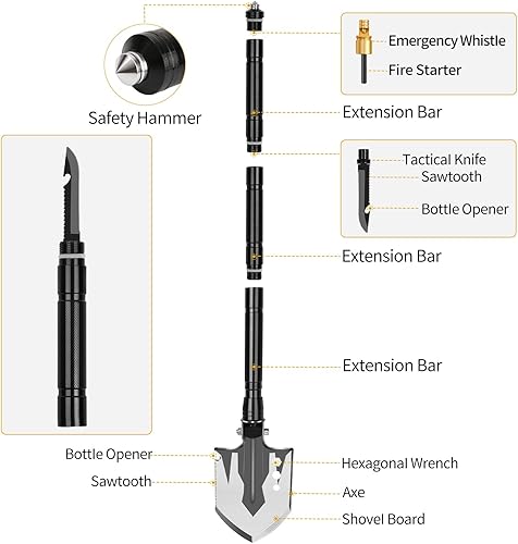 Miniatura 6 de Pala táctica plegable, pala de supervivencia para campamento, herramienta multifunción 23 en 1 para senderismo, camping, aventura, jardinería,