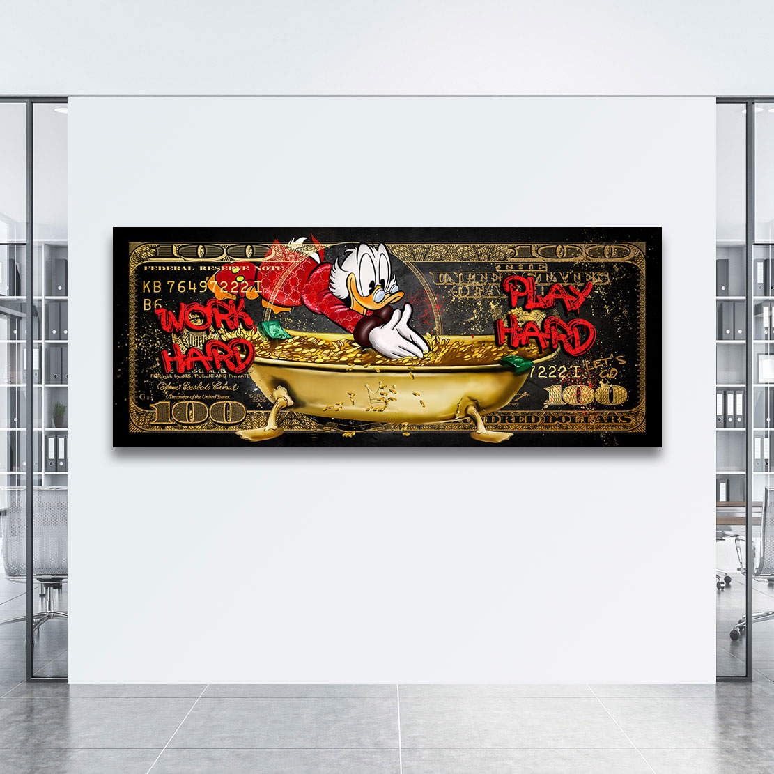 Kunstgestalten24 Dagobert Dollar Work Hard Bild Pop Art Style Leinwandbild | Kunstdruck | Wanddeko | Street Art | Gemälde | Comic Bilder | Wandbild Leinwand Modern 100x40x4cm