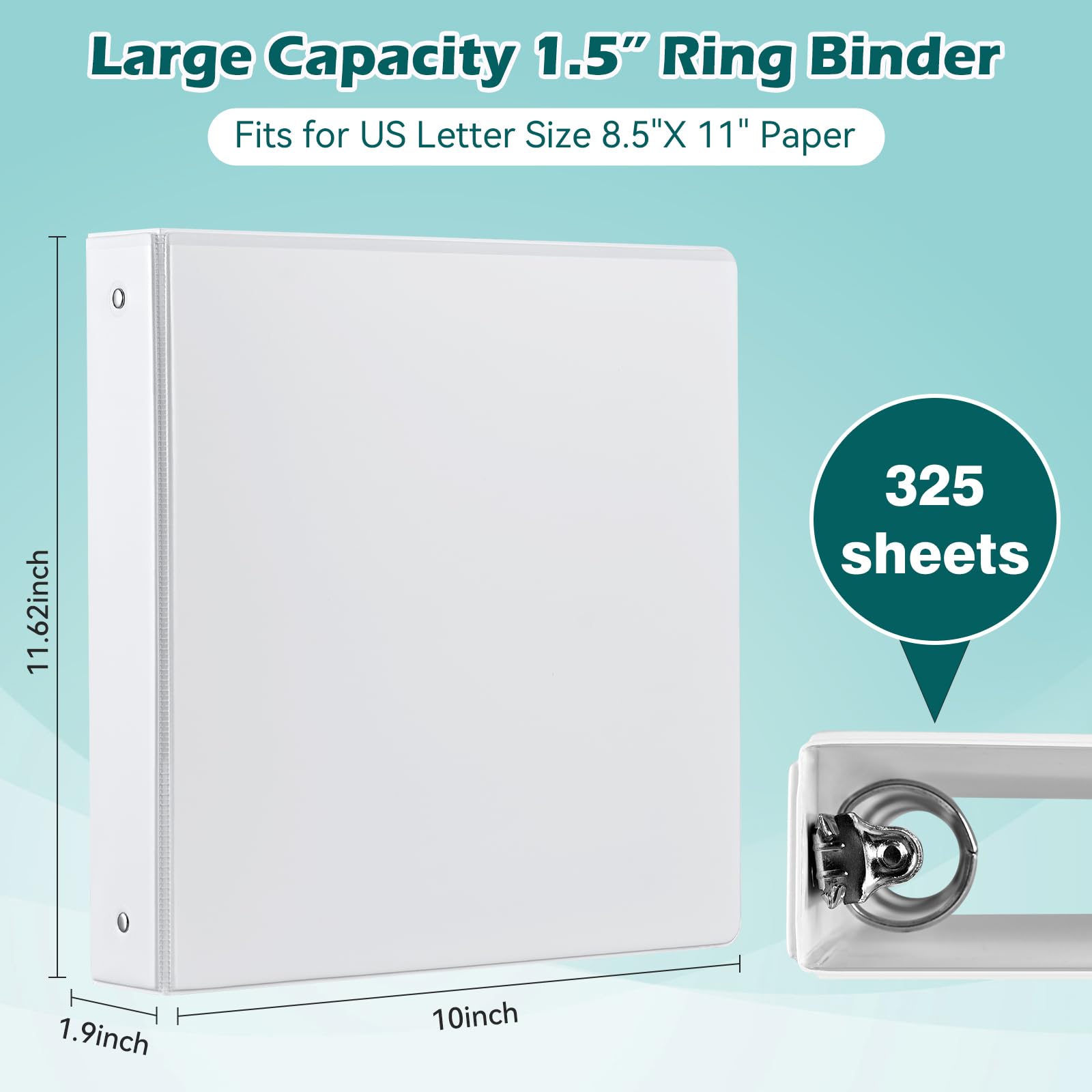 Heture Raccoglitore a 3 anelli da 3,8 cm, confezione da 6, 3,8 cm, trasparente, a tre anelli, senza PVC, adatto per 325 fogli formato lettera americana, raccoglitore bianco sfuso, perfetto per