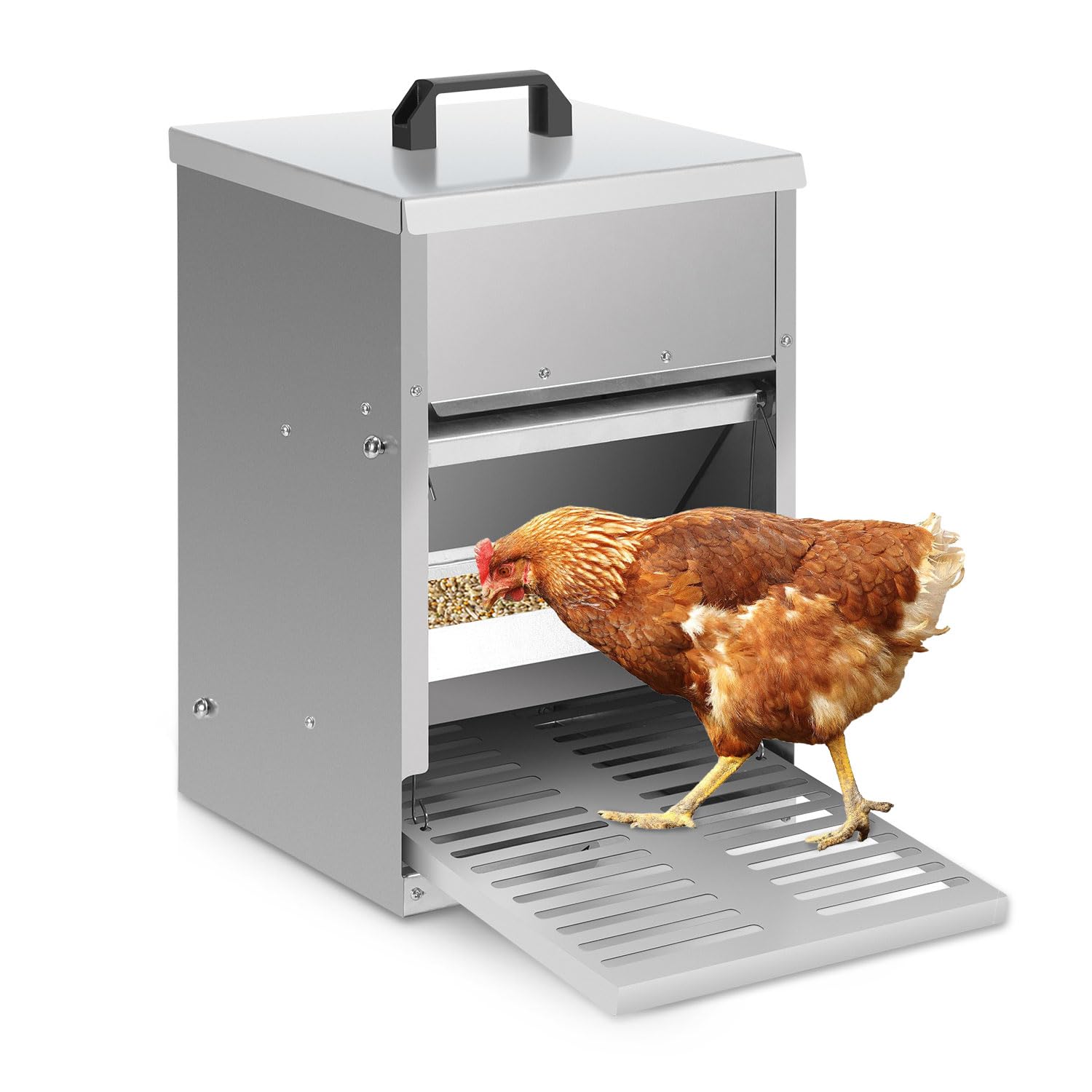 Comedero automático para pollos con placa de estribo, tapa, 5 kg, galvanizado, resistente al agua, comedero para pollos, 2 comederos a prueba de ratas, comedero automático para gallinas