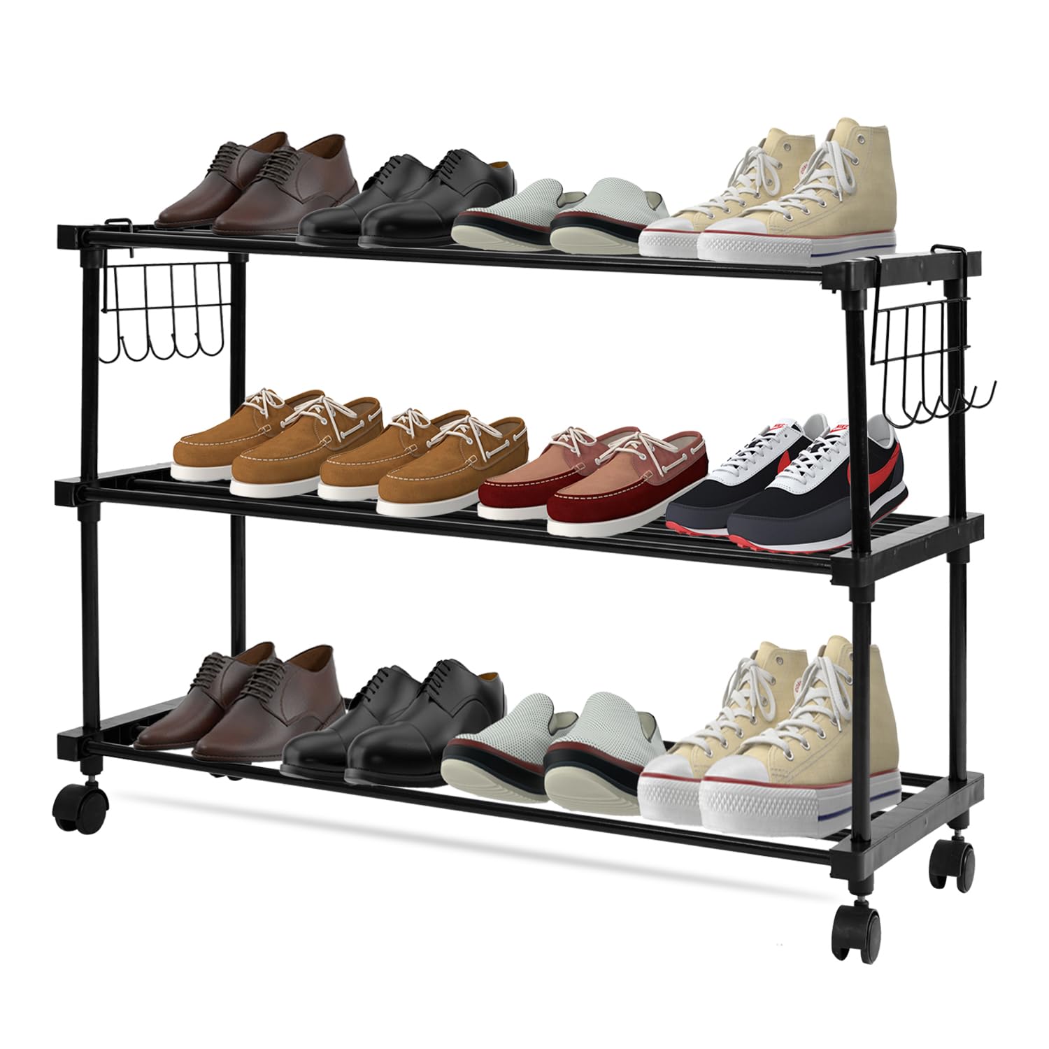 ADA® Premium High Density Iron Shoe Rack, Easy to Assemble Space Saving 3 - Tier Shoe Organizer, Heavy Duty Multifunctional Shoe Cabinet - Black