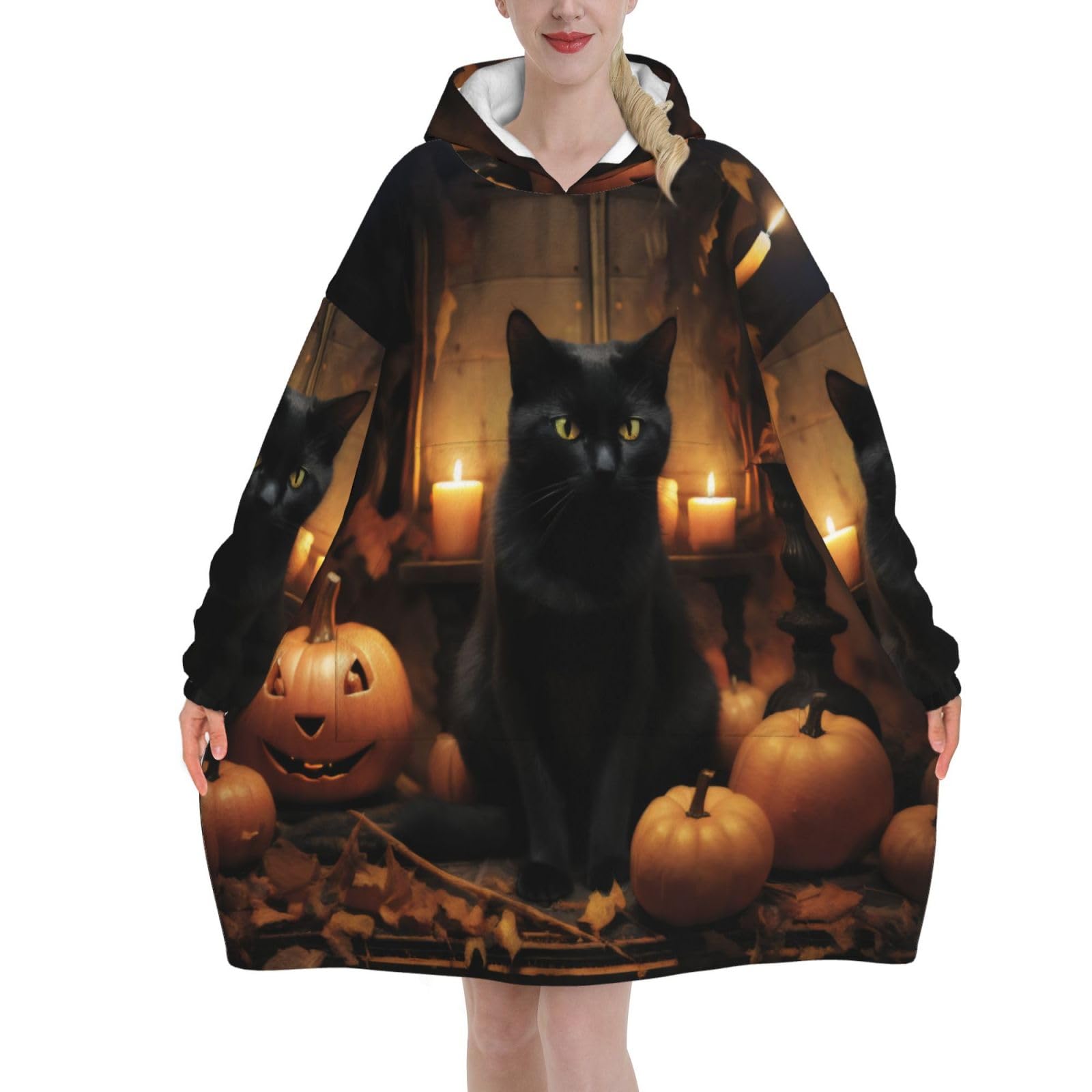 Xkbfklkmc Unisex 3 D Graphic Adult Hoodie Wearable Blanket, Black Cat Print Flannel Blankets Hoodie Oversized Wearable Hooded Blanket For Women And Men With Pocket, Lightweight Warmth & Comfort