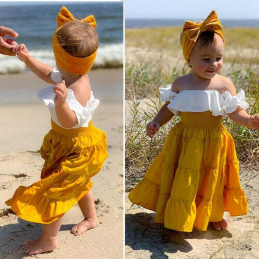 Kids Toodler Baby Girls Summer Clothes, 1-7Y Off Shoulder Lace Halter Crop Top, Ruffle Skirt Tutu Dress Outfits Set (01-Yellow,3-4 T)