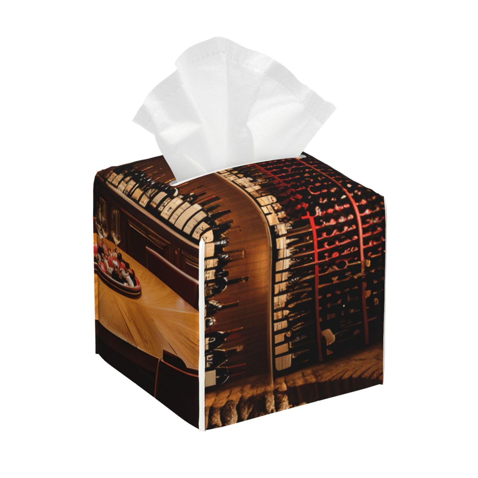 Red Wine Cellar Picture Print Tissue Box Cover Leather Holder Square Facial Paper Organizer Dispenser