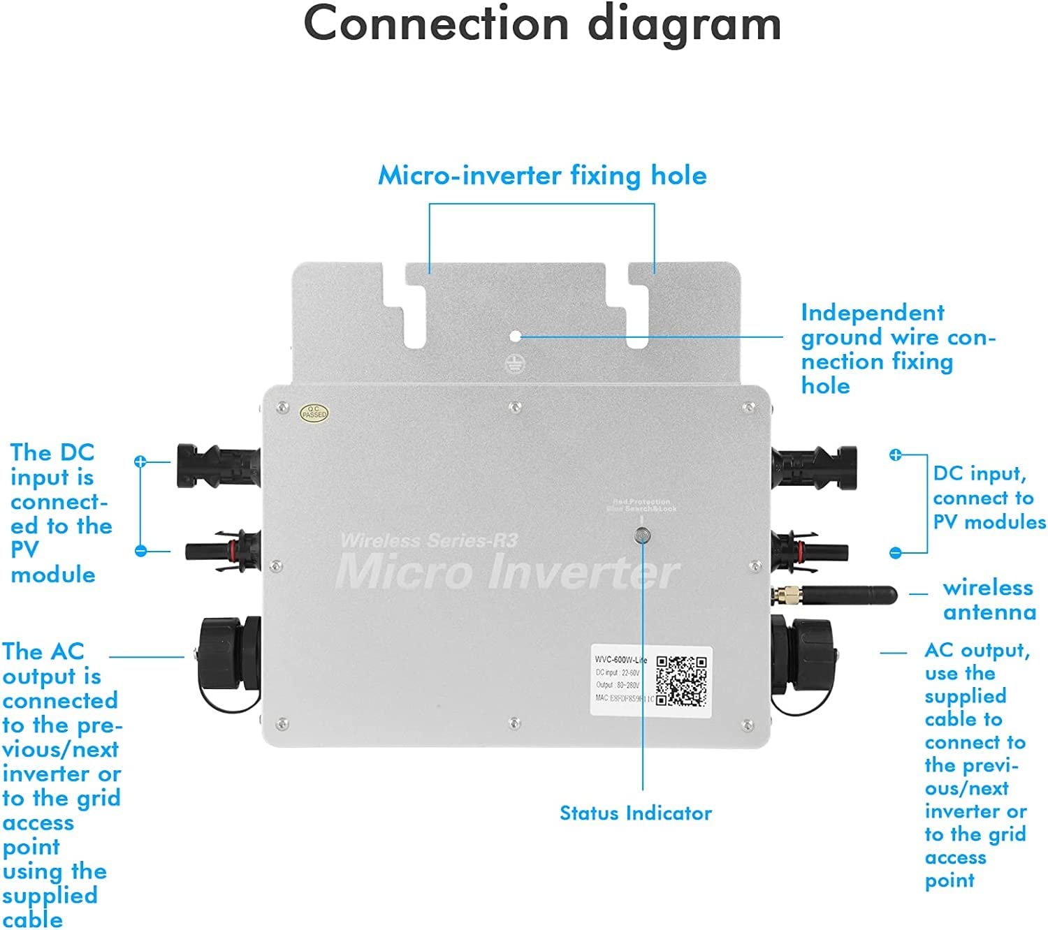 Solar Inverter 600W Micro Solar Inverter Convertitore di Cravatta A Griglia Impermeabile con Monitoraggio del Telefono Cellulare WiFi Uscita MPPT/Onda Sinusoidale Pura