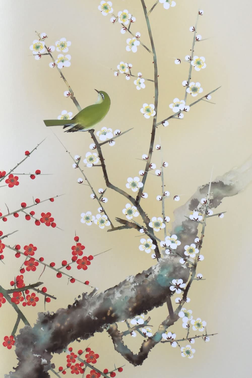 ◎田村竹世『紅白梅に鶯（尺三立）』版画+手彩色☆花鳥・掛け軸