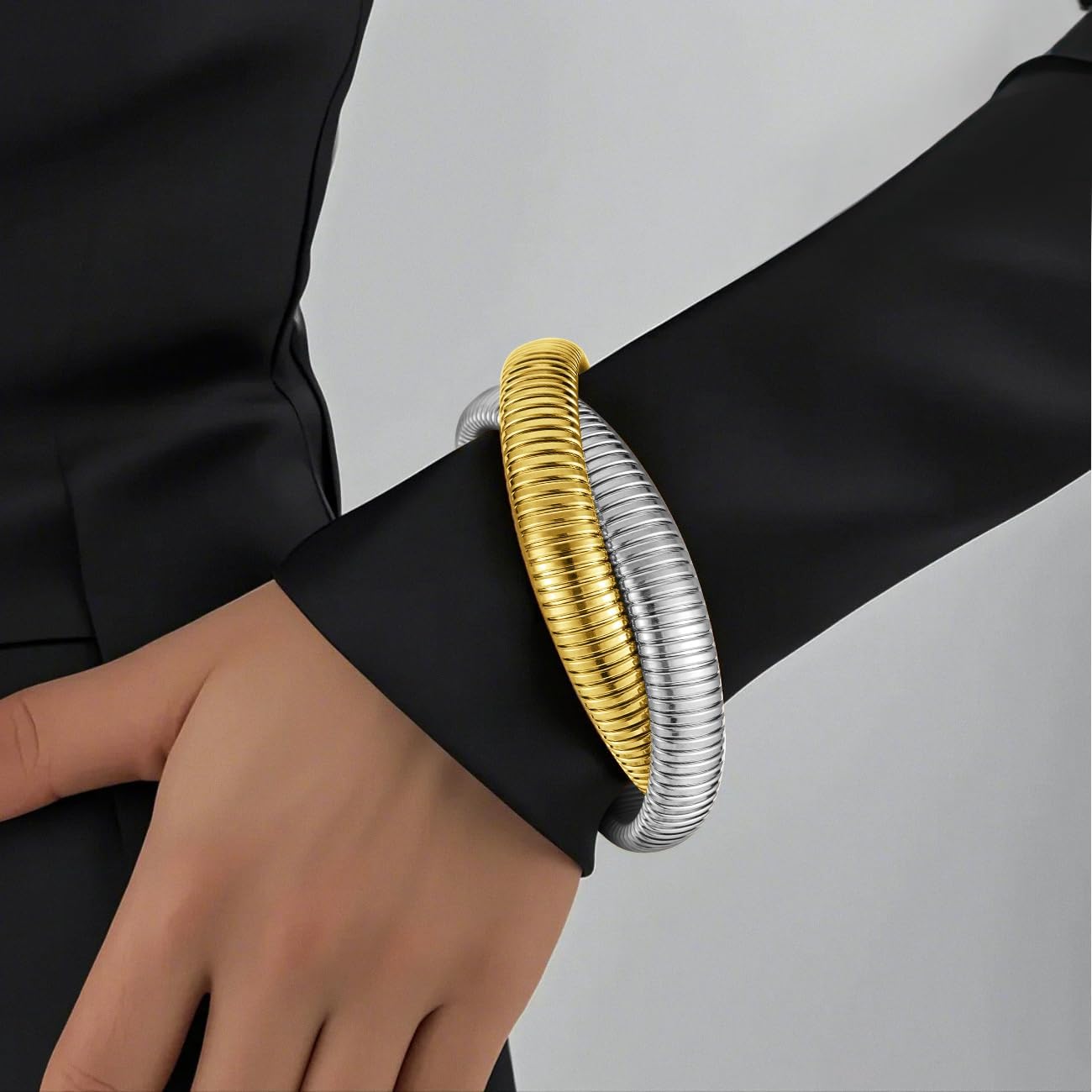 Emibele Gold Bangles Bracelet Set for Women, 18K Gold Plated Chunky Stainless Steel Non Tarnish Stretch Bracelet Stack, Flexible Wide Wristband Bangle Layered Snake Chain Bracelets - Image 4