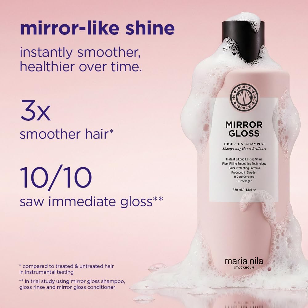 Maria Nila, Champú Mirror Gloss para cabello brillante y brillante, oligopéptidos de quinua se dirige a las hebras secas y opacas, mejorando el brillo y el reflejo de la luz, 100% vegano y libre de