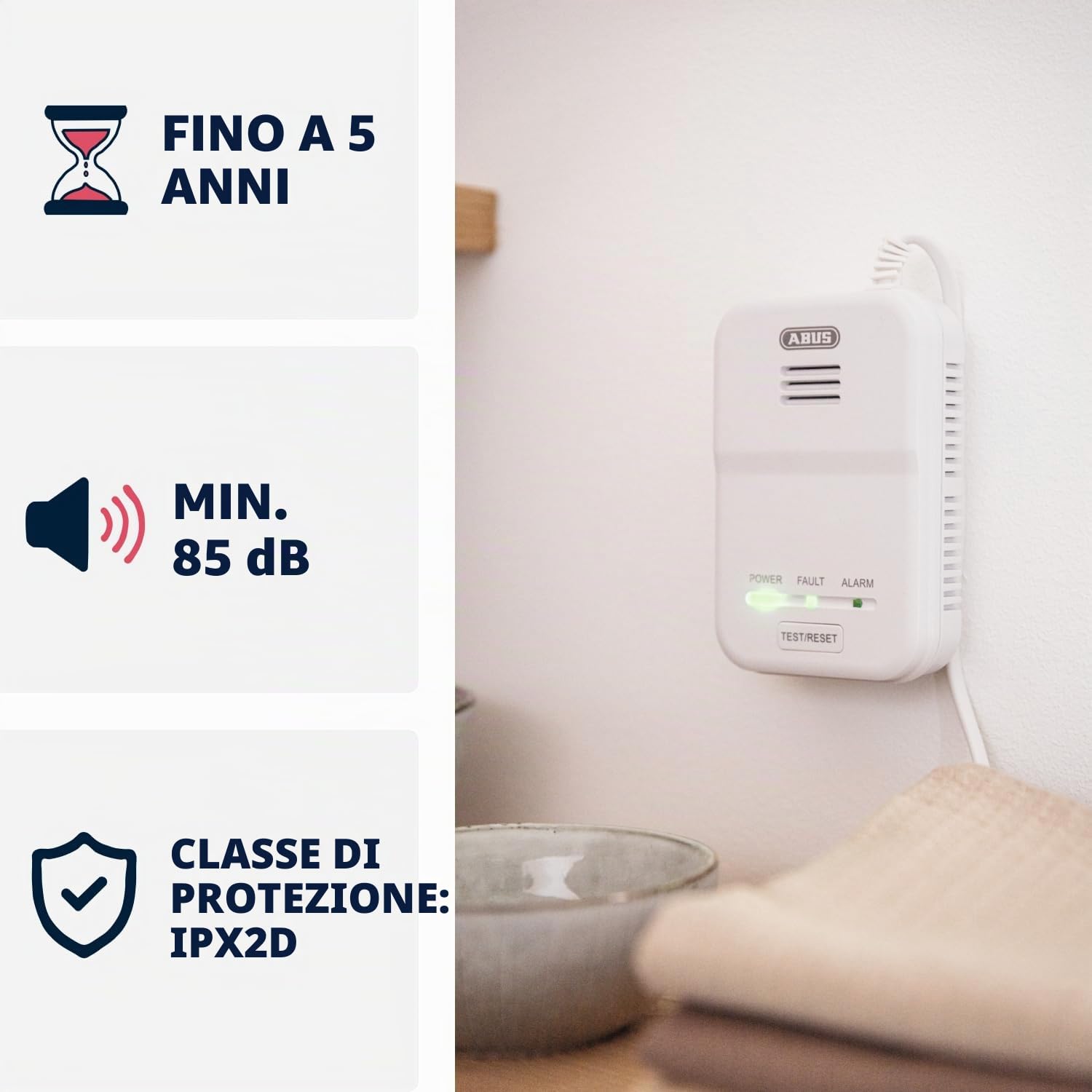 ABUS Rilevatore di Gas GWM100ME - Metano, Gas Naturale, Allarme 85 dB | Alimentazione AC 220-240 V, segnale fine vita 5 anni, certificato EN50194-1:2009, pulsante di test integrato