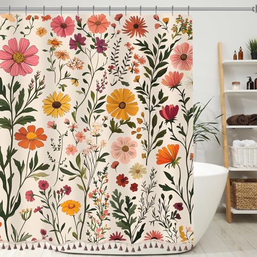 Boho Floral Shower Curtain with Tassels, Wildflower Beige Botanical Flower