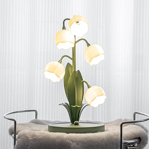 WERFOP Vintage Flower Table Lamp, 5 Lily of The Valley Desk Lamp for Bedside 3 Color Modes Cute Reading Night Light with LED Bulbs for Bedroom, Living Room, Office, Entrance Home Decor (Green) - Green - Medium