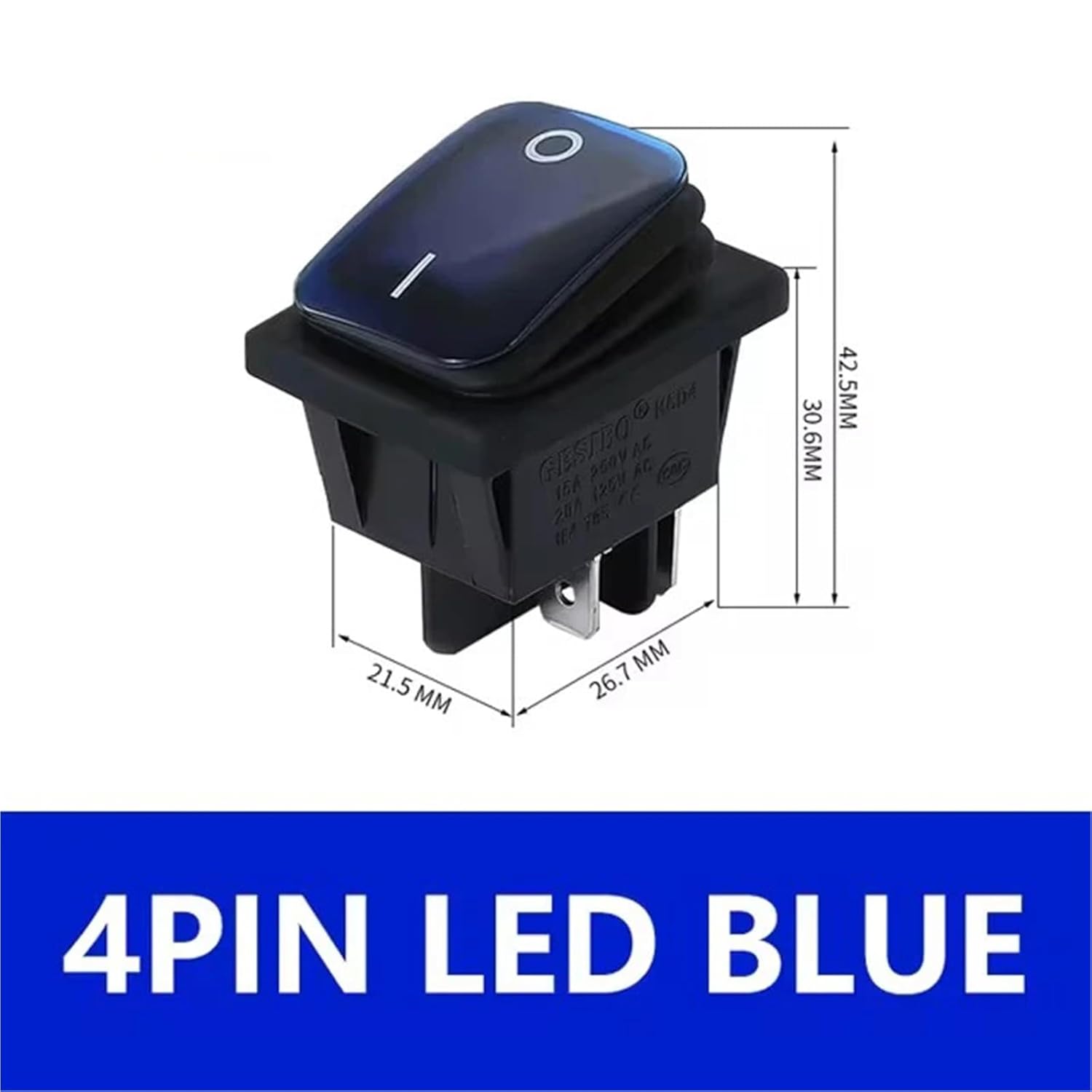 KCD4 Switch Heavy Duty 16A 250VAC 30x22mm Rocker T85 4pin DPDT ON Off 12V 220V LED 5Pcs(Blue-Single,12V)