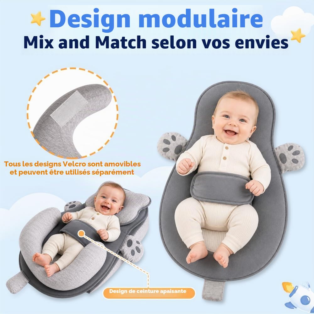 Réducteur de Lit Bébé, 15° Coussin Anti Reflux Bébé Ergonomique avec Coussin en Silicone et Repose-Pied en U, Détachable et Lavable Cale Bébé pour Nouveau-Nés, Réduire Les Régurgitations, Gris