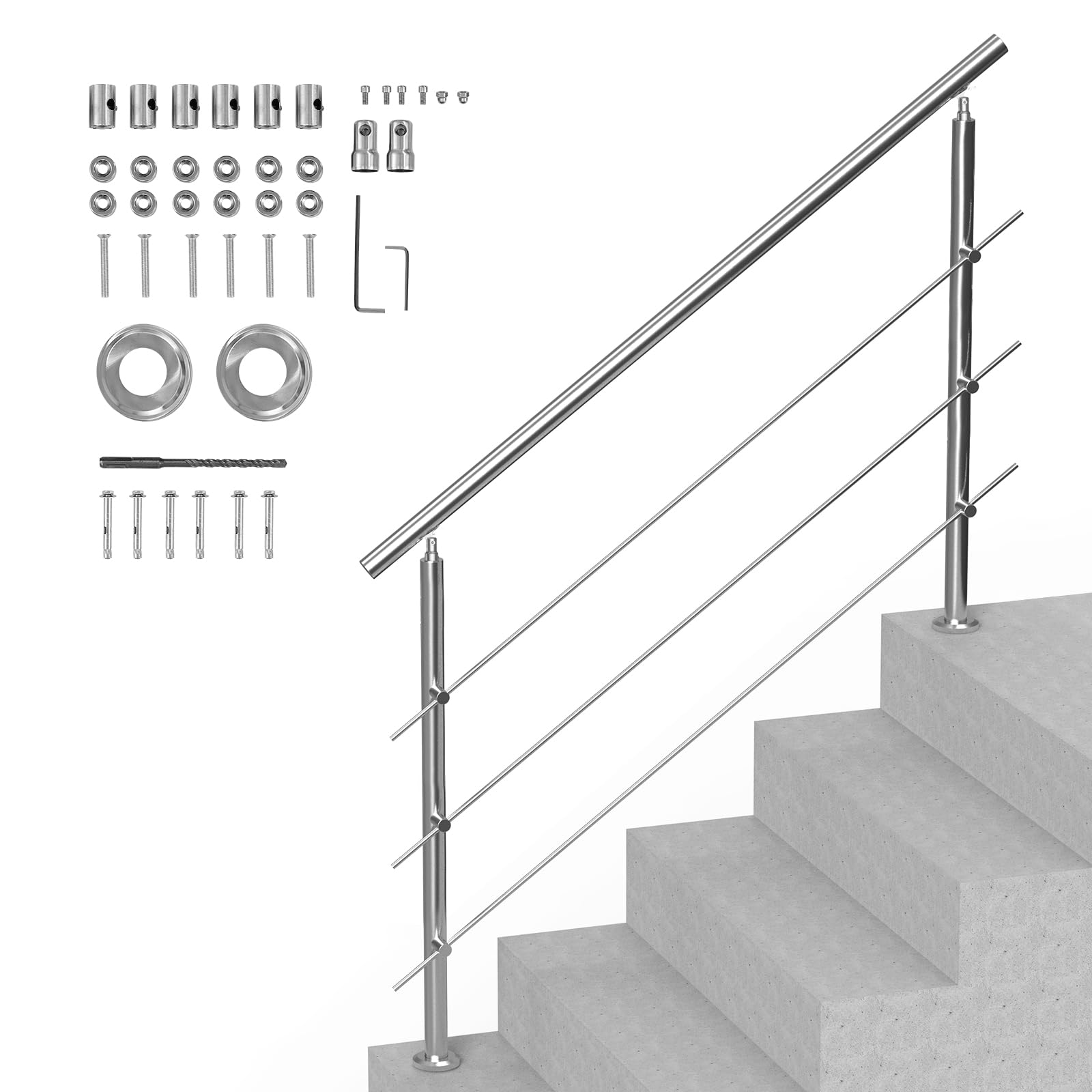 VEVOR Handrails for Outdoor Steps, 59 in Length 3 Crossbars Stair Hand Rail Kit, Transitional Stainless Steel Railings w/Installation Kit, Double-Column Staircase Handrails for Seniors,Porch & Deck