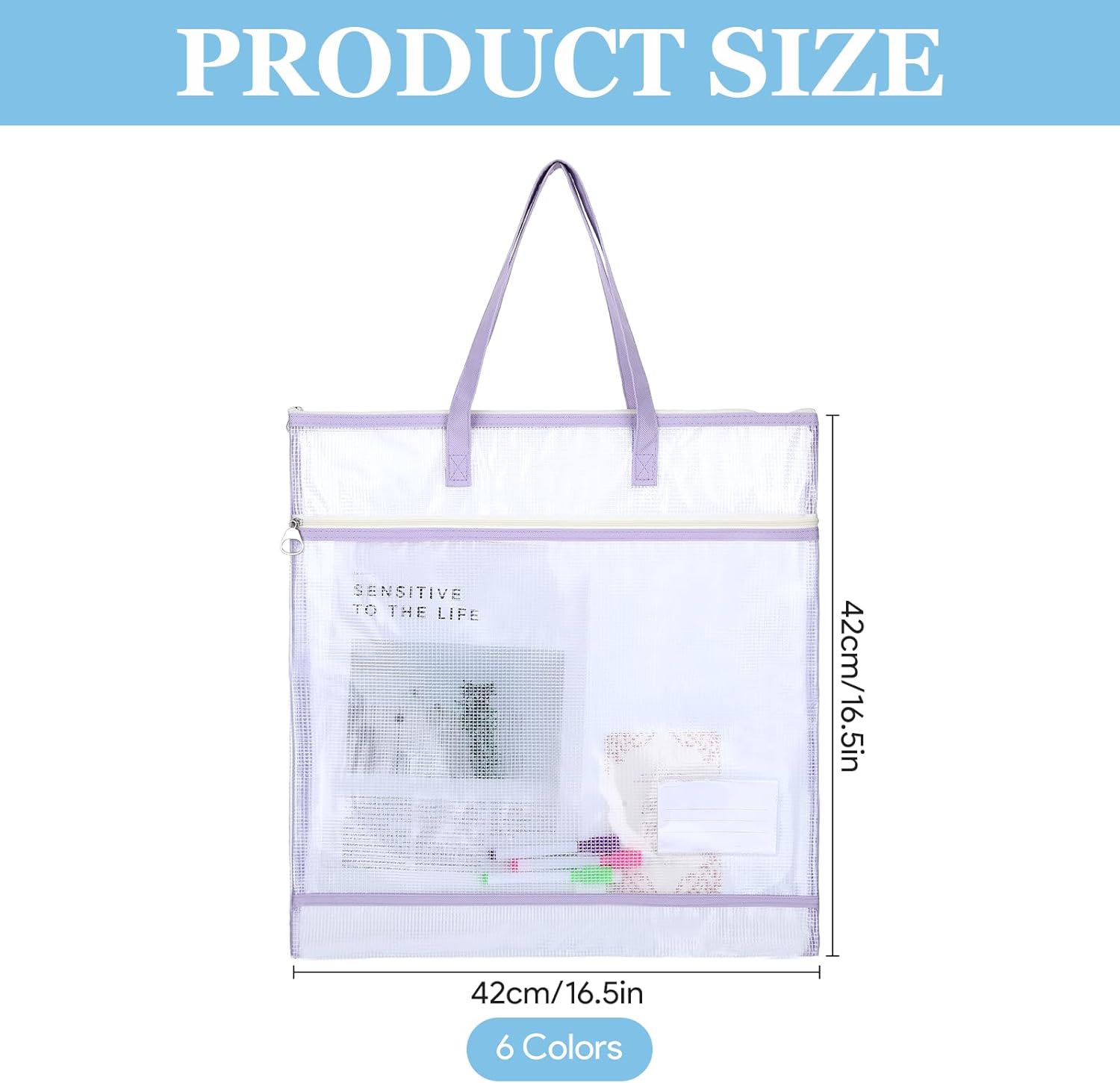 6Pcs Sew Project Bags for Quilting 16x16 in, Needlepoint Craft Organizer Storage Project Bags with Handle and Pocket Jumbo Sew Quilting Mesh for Quilters Knitting Stitching Crafter, Cool Colors