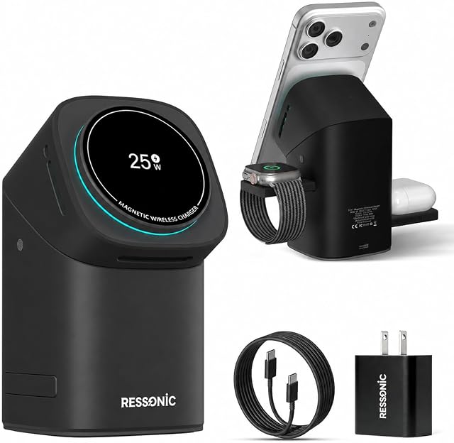 3 in 1 Wireless Charging Station for Apple & Samsung, Qi2 Certified 15W Fast Magnetic Wireless Charger Stand for Magsafe iPhone 17/16/15/14/13/12 Pro Max, Galaxy S25/24/23/22, AirPods, iWatch