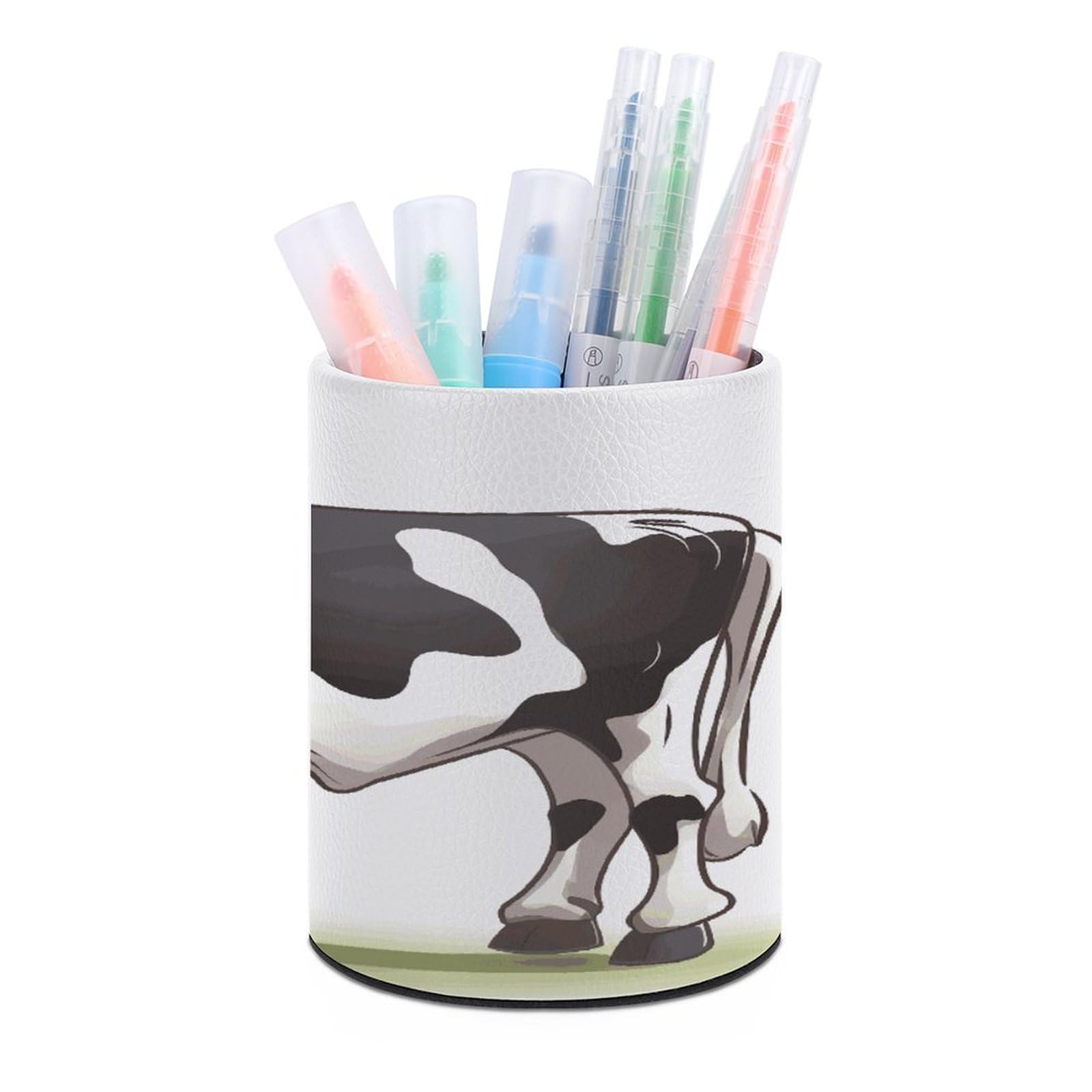 FekiLoot PU Leather Round Pen Holder Dairy Cow Pencil Holder Desk Organizer Pen Organizer Pen Cup Pencil Cup Caddy Desktop Stationery Organizers for Office Home Supplies