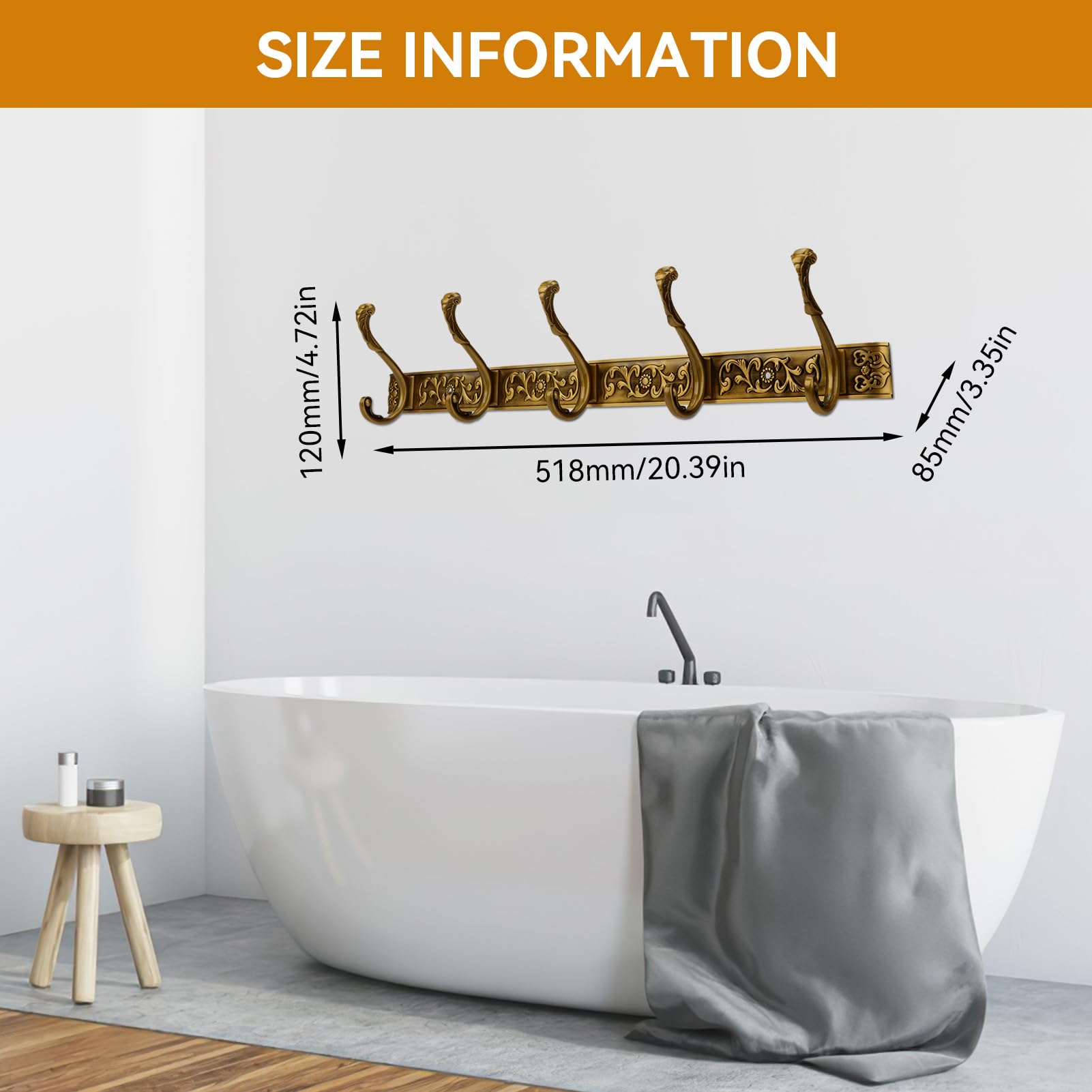 Coat Rack Wall Mounted, Aluminum Wall Hooks for Hanging with 5 Hooks Vintage Gold Wall Mount Coat Rack Key Holder for Wall Hallway