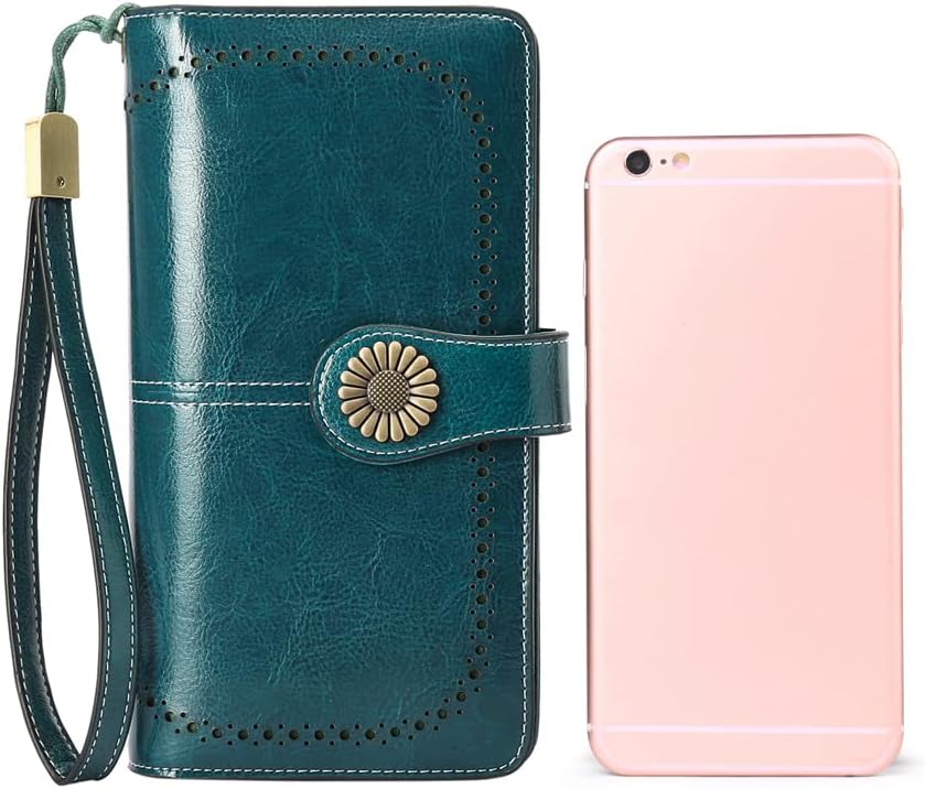 Miniatura 5 de SENDEFN - Billeteras de cuero genuino para mujer con tarjetero y bloqueo RFID, de gran capacidad y con correa para la muñeca