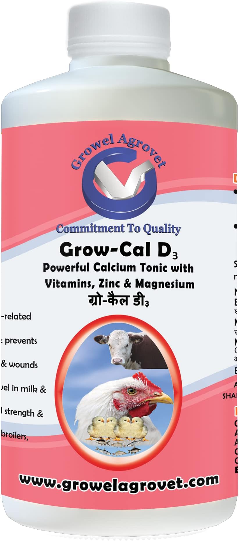 Grow – Cal D3: A Powerful Calcium Tonic with Vitamins, Zinc, Magnesium and Carbohydrates for Poultry,Cattle,Horses,Pigs,Goats,Sheep, Pigeons and Birds - 1000 ml.