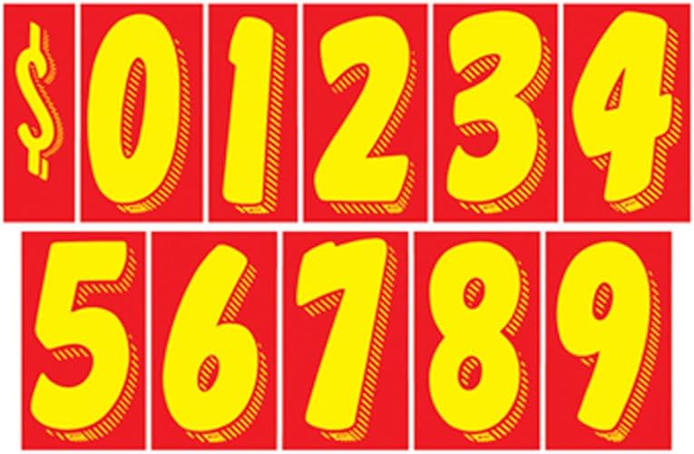 CADS Vinyl Adhesive Advertising Number Window Stickers - Full Set - 12 Each of 0-9 and $ (7-1/2") (Red and Yellow)