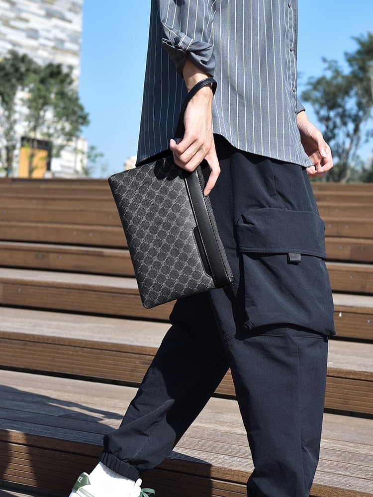 Pochette da uomo per pendolari d'affari - Pelle PU di grande capacità con motivo scozzese