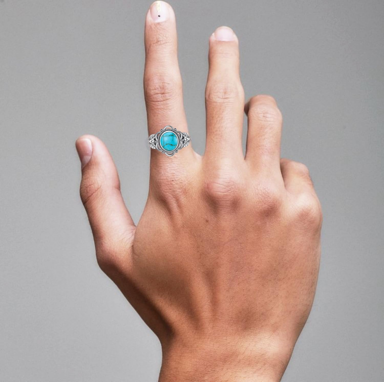 Genuine Boho 8x7 MM Turquoise Stone Ring, Sterling Silver Nature Native American Western Jewelry Gemstone Leaf Ring for Men Women - Image 3
