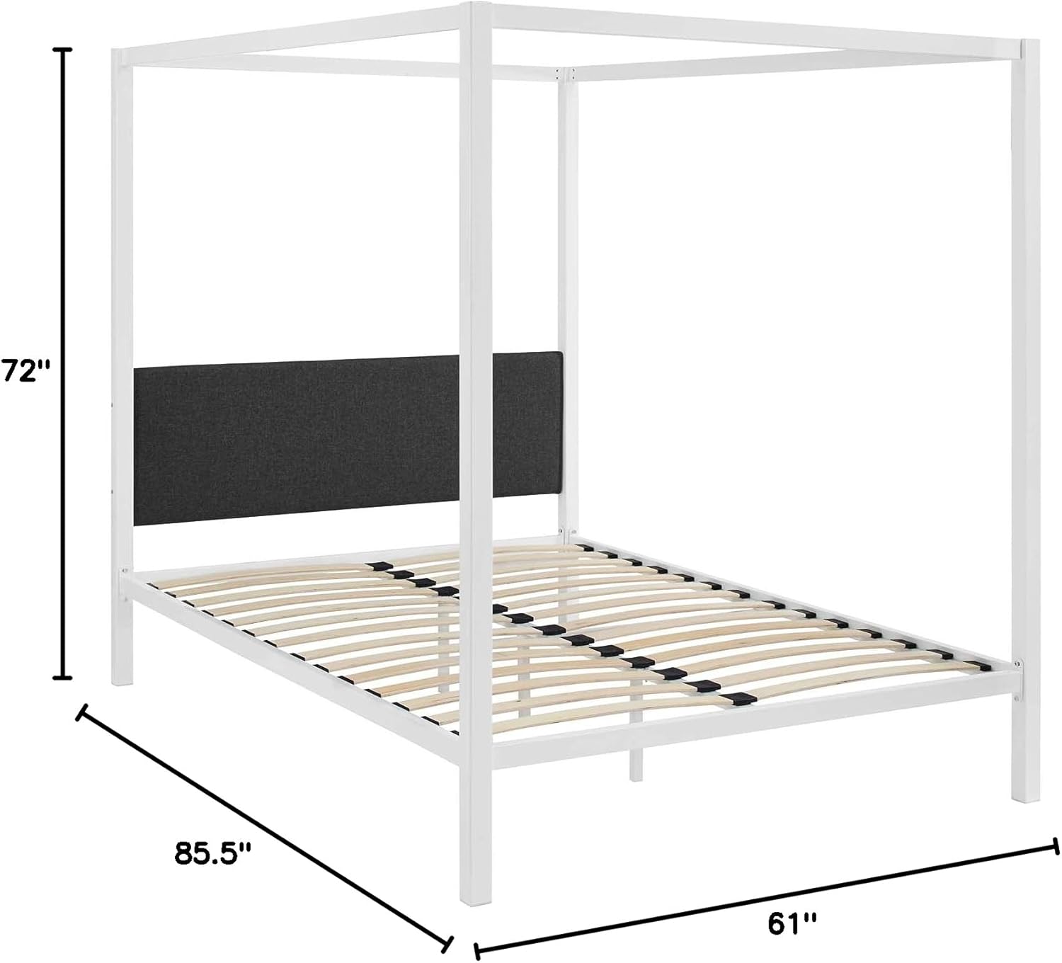Modway Raina Metal Queen Canopy Bed Frame With Upholstered Gray Fabric Headboard in White Gray