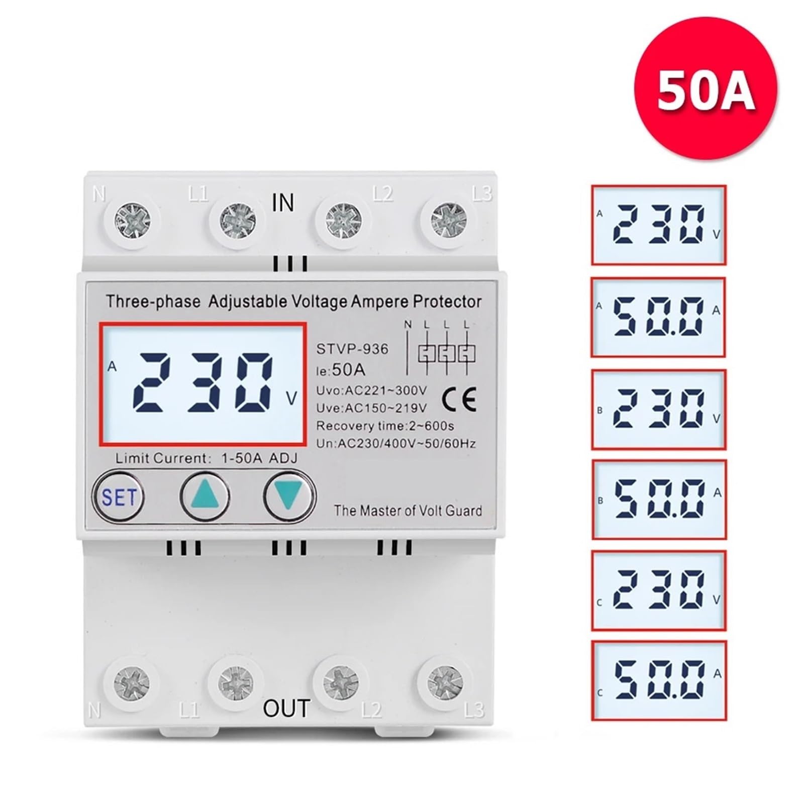 3 Phase AC 380V 400V 50A Multifunctional Over Under Voltage and Over Current Protection Device Automatic Recovery Voltage Relay 1Pcs