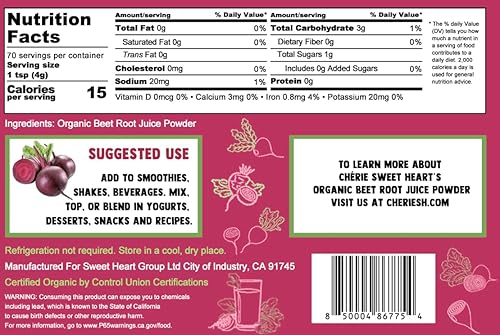 Miniatura 8 de Cherie Sweet Heart USDA Superalimento en polvo orgánico de remolacha, óxido nítrico 3 en 1, apoya la presión arterial saludable y la circulación