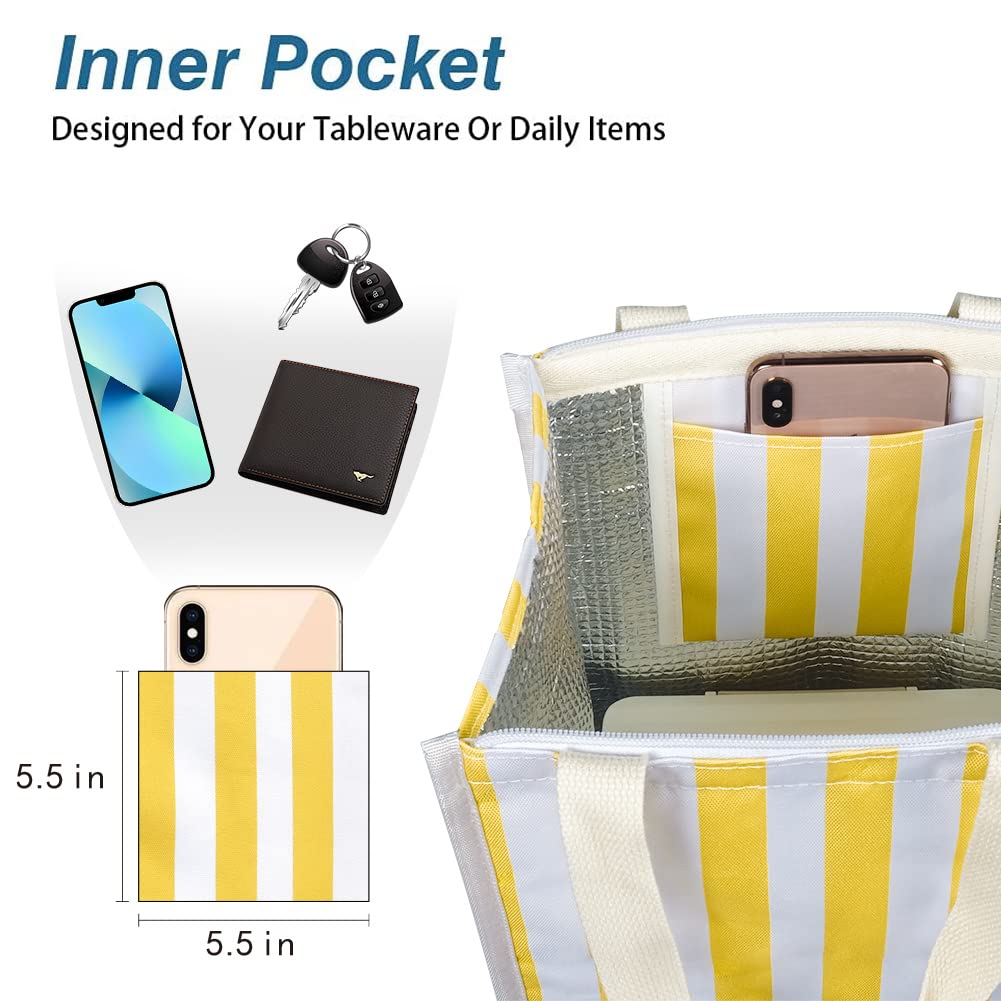 iknoe Borsa termica per il pranzo, per donne e adulti, 9 l, pieghevole, ampia apertura, con tasche, a tenuta stagna e portatile, per picnic, ufficio, spiaggia (striscia gialla)