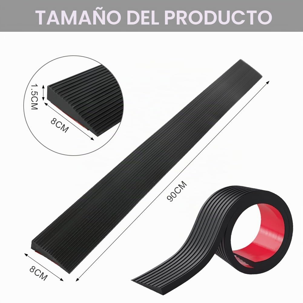 Rampa de umbral de puerta 900 x 80 x (10-30) mm, rampa de goma autoadhesiva de goma maciza, antideslizante para silla de ruedas para andadores (maciza 90 x 8 cm, 1,5 cm de altura)