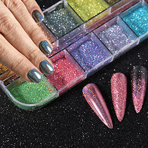 12 Colors Chrome Nail Powder Holographic Rainbow Holo Unicorn Multi Glitter Chrome Nail Powder Mirror Laser Effect Manicure Pigment Glitter Dust Nail Art Diy Deco #TOP6
