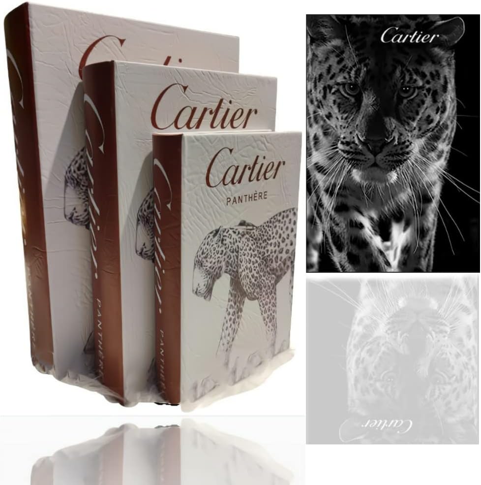 Fashion Decorative Books 3 Piece Wooden Storage Book + Wall Art Hardcover Modern Stack,Fashion Design Set,Display For Coffee Tables/Shelves-Cartier-Wood+ Included