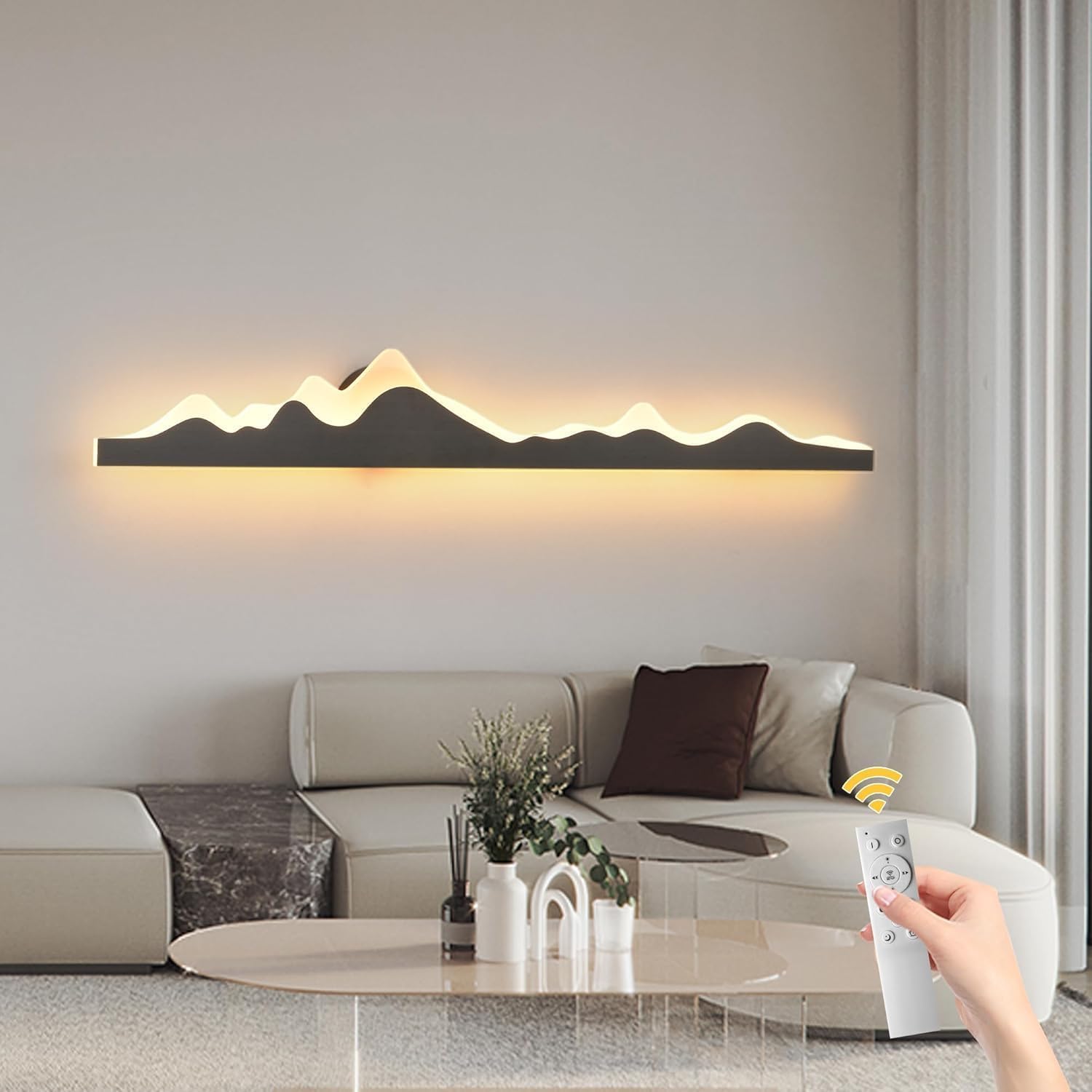 Qcyuui Modern Dimmable LED Wall Sconces with Remote Control, Black Wall Lights Linear Bedside Wall Sconce, Indoor Mountain Shape Wall Mounted Lamps for Living Room Bedroom Hallway Kitchen, 24W/120cm