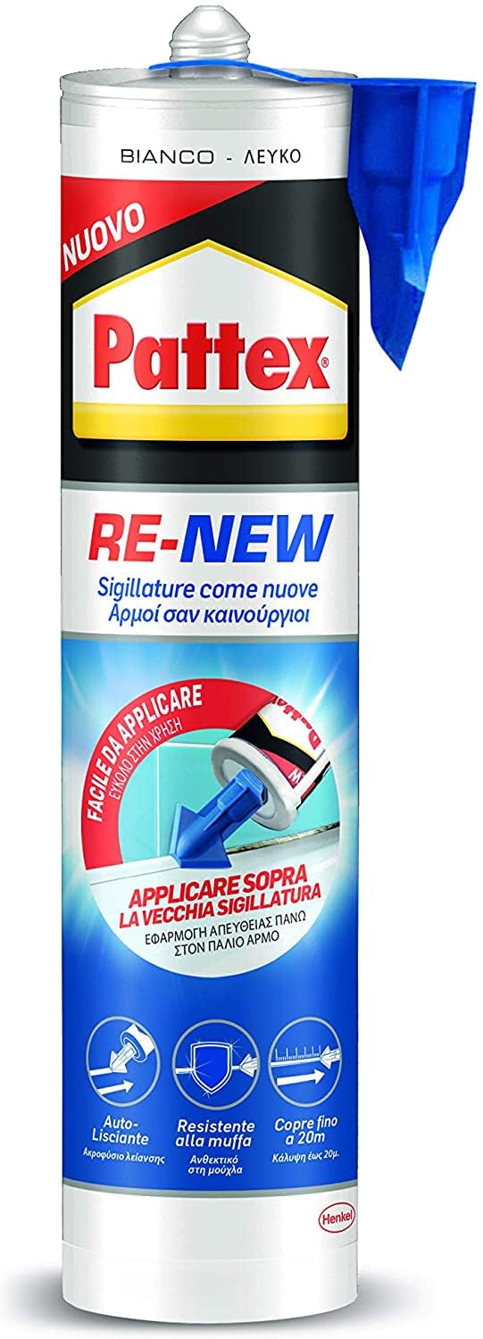 Pattex RE-NEW cartuccia silicone, silicone bianco per piastrelle e sanitari, rinnova sigillature facile da usare, impermeabile e con tripla azione antimuffa, 280ml cartuccia