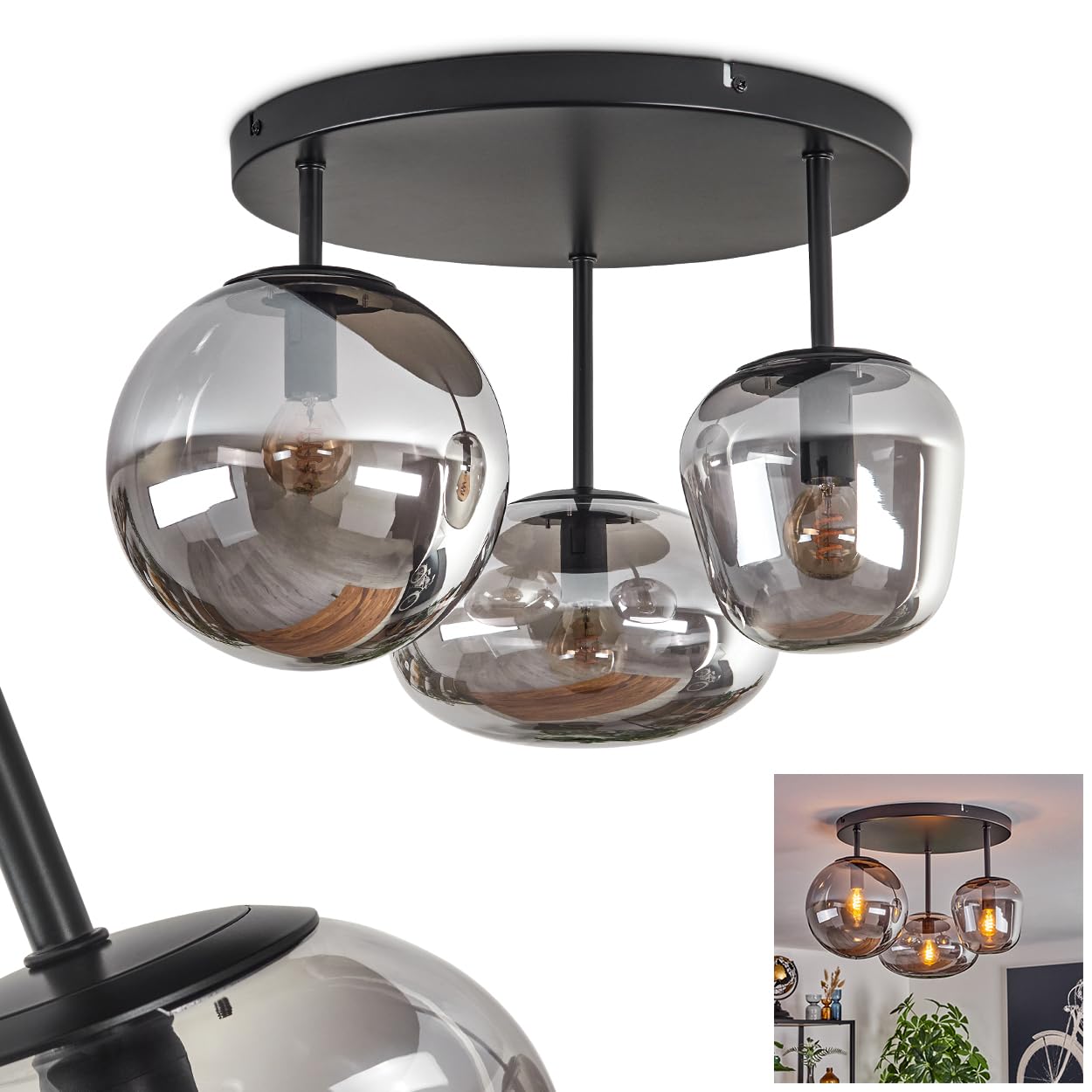 Deckenleuchte Zernez, Deckenlampe aus Metall/Glas in Schwarz/Rauchfarben, Leuchte im modernen Industrial-Design mit Schirmen aus Glas (Ø 19,5 cm; 22 cm; 14 cm), 3 x E14, ohne Leuchtmittel