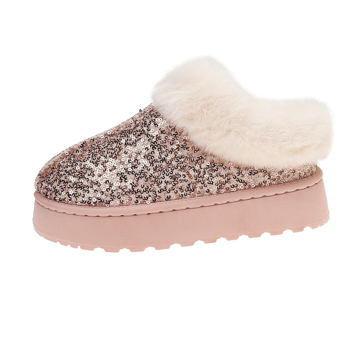 Sequin Boots for Women Ankle Winter Sparkly Slippers Boots Fuzzy Faux Fur Warm Platform Mini Boot Slip On
