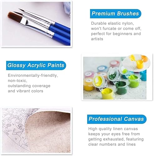 Miniatura 5 de VeGuude Pintura por números para adultos y niños principiantes, paquete de 4 kits de pintura por números en lienzo, sin marco, pintura al óleo de