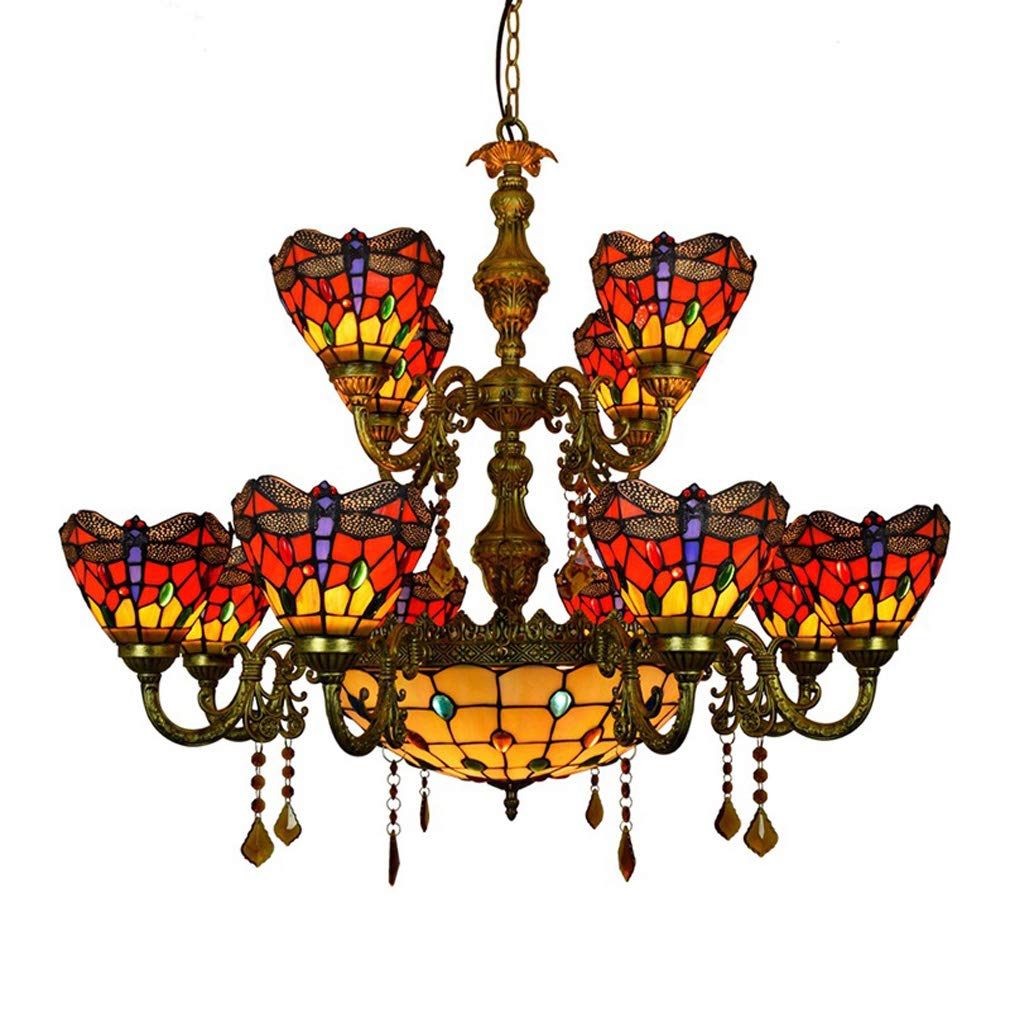 YNIYUJKL Retro Dragonfly Tiffany-Style Large 2 Tiers Ceiling Lamps Chandelier, Stained Glass Crystal Many Arms Pendant Lights Fixtures, For Dining Room, Hotel, Stairway