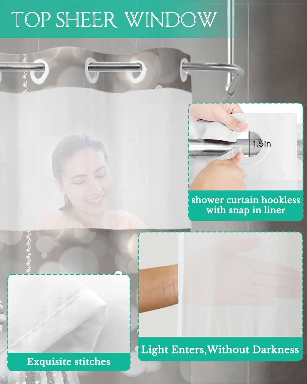 Waterproof No Hook Shower Curtain with Snap in Liner for Bathroom, Silver Gray Balls Ornaments Sparkle Double Shower Curtain with See Through Top Window, 72x72 Inch